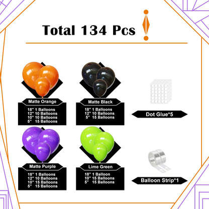 Lukiituke Halloween Balloon Garland Arch Kit, 134Pcs Black Orange Purple Lime Green Balloons, 4 Sizes Orange and Black Balloons for Halloween Theme Birthday Party Backdrops Decorations