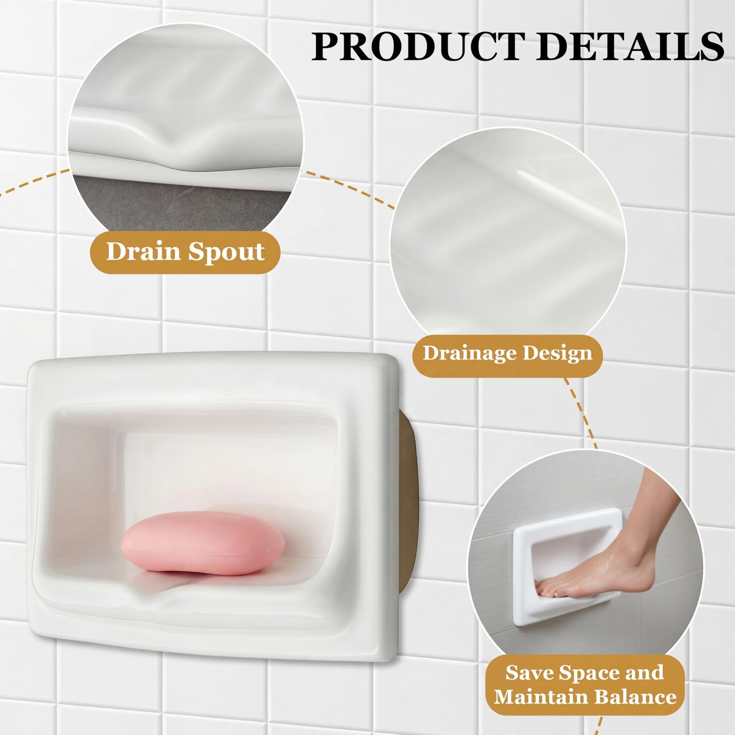 Acellegic 1 Pcs 9.8 x 6.5 White Vintage Recessed Ceramic Soap Dish for Shower Wall, Space-Saving, Large Retro Ceramic Soap Holder, Self-draining Built-in Holder for Bathroom & Laundry Keep Dish Dry