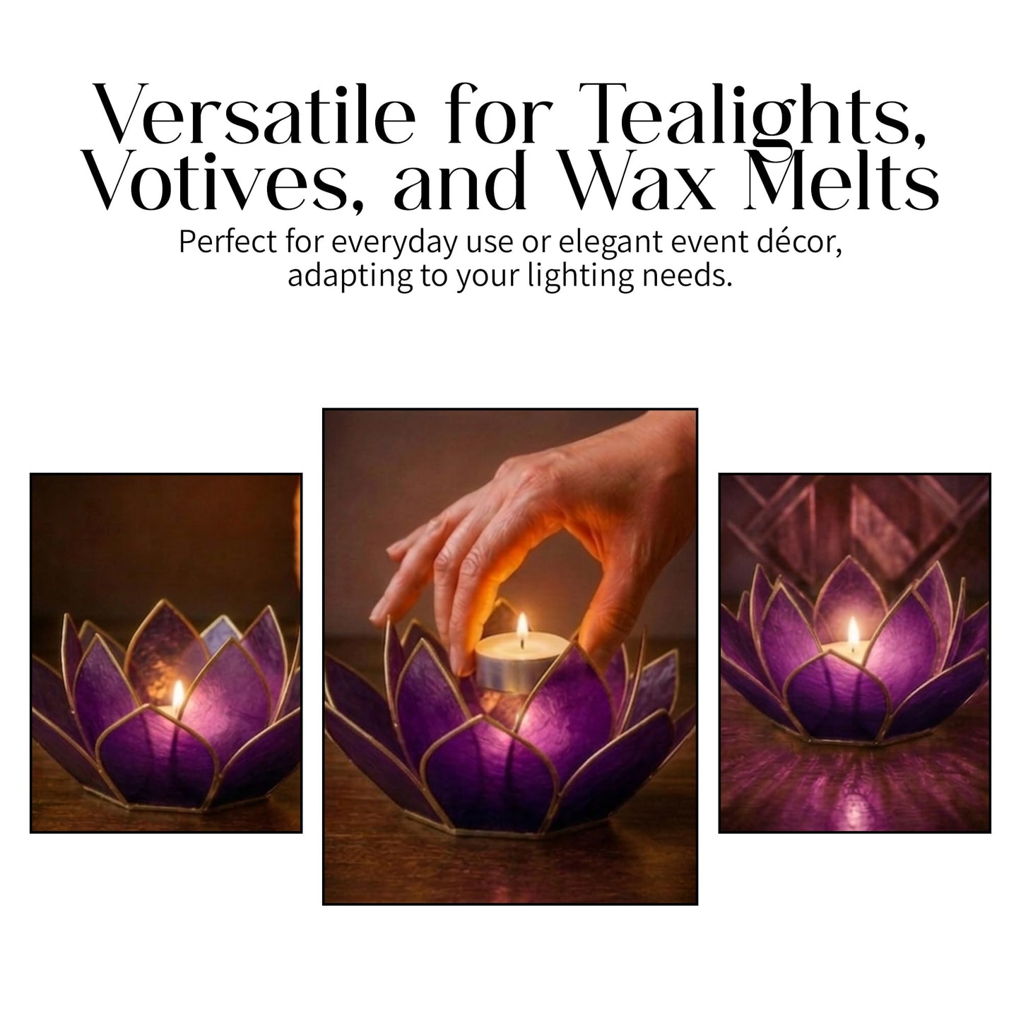 Om Gallery Mini Gemstone Lotus Tealight Holder - Handcrafted Capiz Shell Design for Soft Glow, Elegant Home & Table Decor, Wedding Centerpiece, Votive Candle Styling & Thoughtful Gifting - Tanzanite