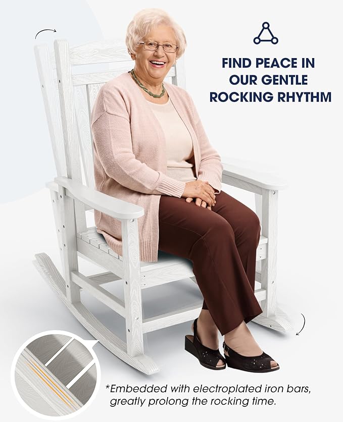 KINGYES HDPE Rocking Chairs Outdoor, Patio Rocking Chairs with 330lbs Support, Smooth Porch Rocker for Deck Lawn Yard, White