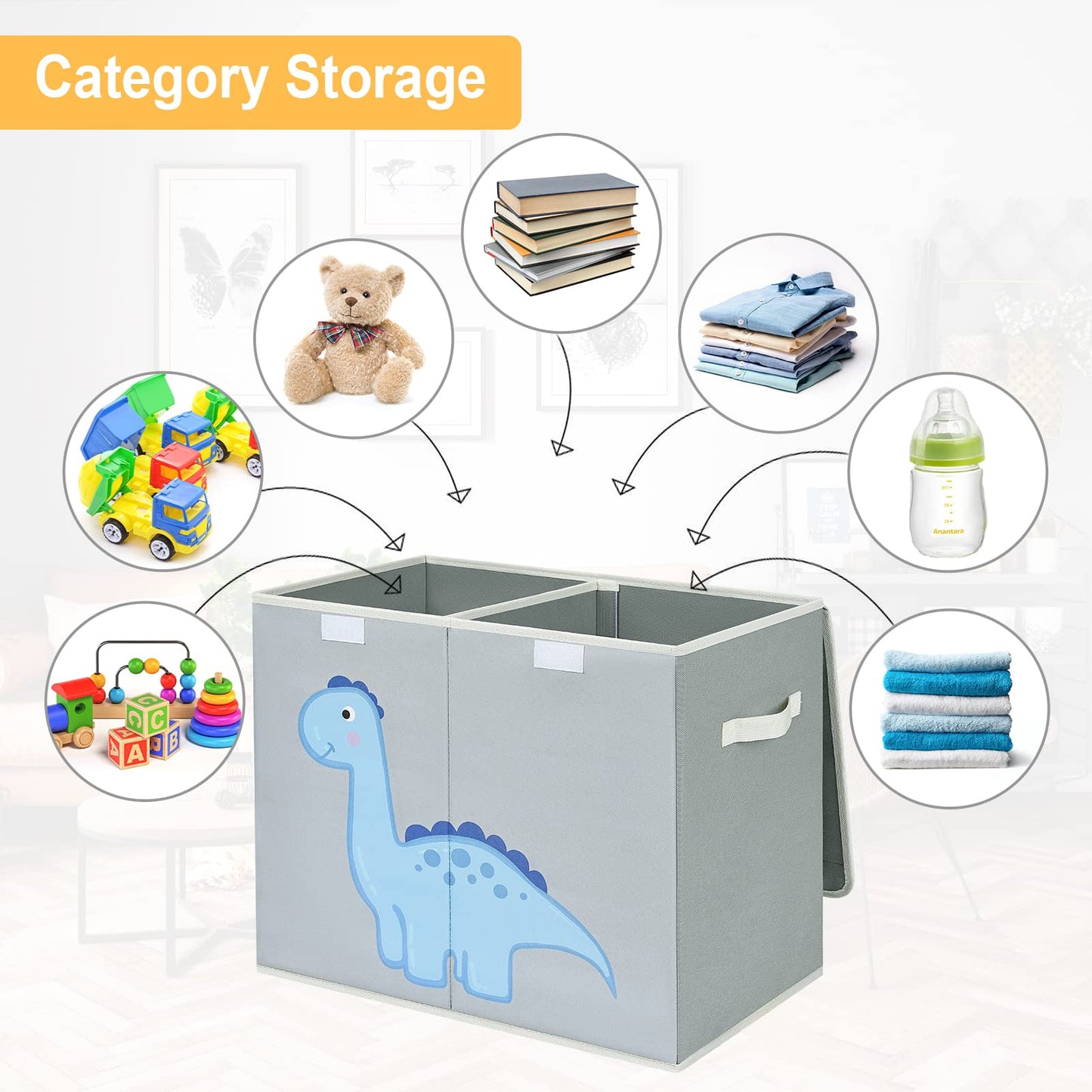 DIMJ Toy Box Storage, Large Storage Box with Lid Foldable Kids Toy Chest with Handle Cartoon Toy Organiser Divider Fabric Basket Bins for Boys, Girls, Clothes, Blankets, Nursery, Home Storage (Grey)
