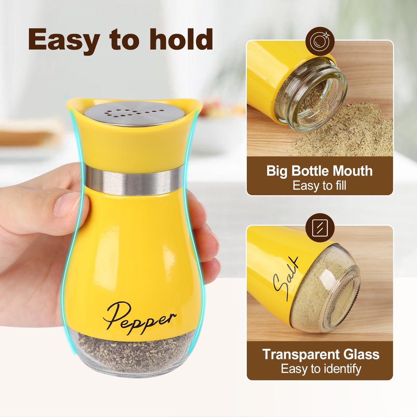 Salt and Pepper Shakers Set, 4 oz Stainless Steel Salt Shaker with Holder, Farmhouse Salt Pepper Shaker Containers with Glass Bottom for Kitchen Cooking Table, BBQ, Bar, RV, Camp (Yellow)