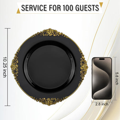 Nervure 100PCS Black and Gold Plastic Plates - 10.25Inch Black Disposable Plates - Black Plastic Dinner Plates for Wedding & Party & Halloween