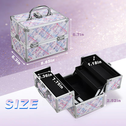 FRENESSA Makeup Train Case 8.85 Inch Portable Makeup Case Organizer Cosmetic Box Make Up Box Makeup Organizer Cosmetic Storage Cases with Locking Nail Kit Organizer Small Travel Case Pink Plaid