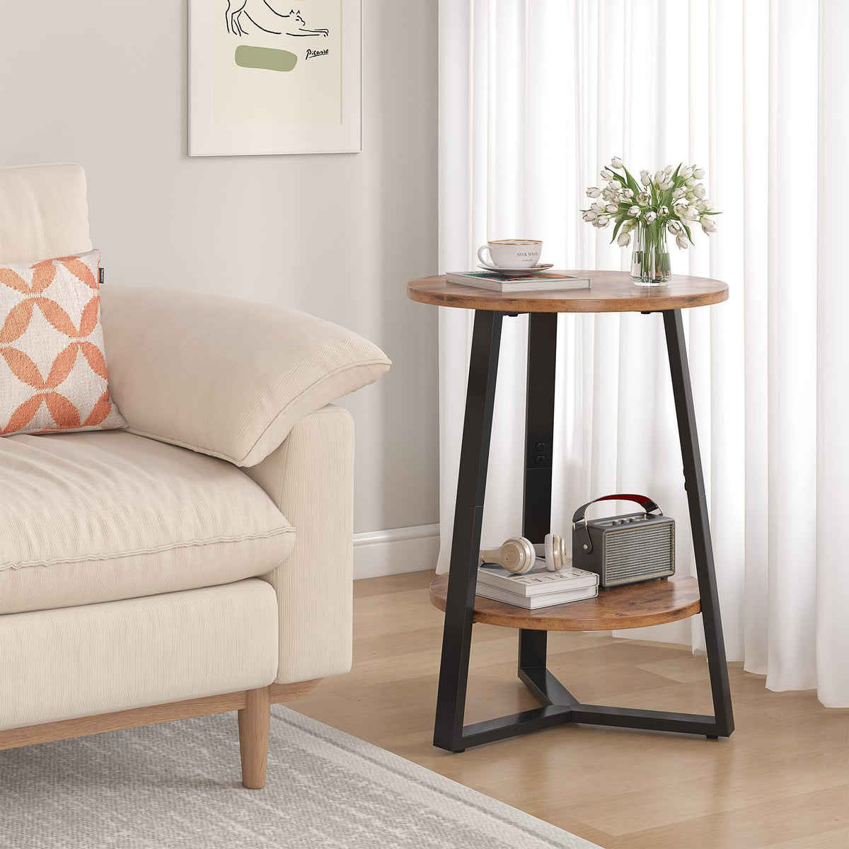sthmec Small Round End Table Set of 2,2 Tier Side Table Set 2 with Storage Shlef,Coffee Table Wooden Tabletop & Metal Frame,Accent Table Small Nightstands Couch Tables Livingroom Bedroom,Rustic Brown