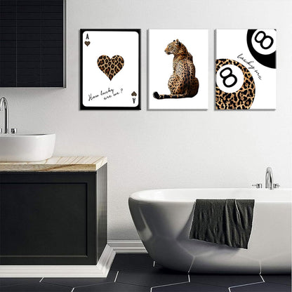 Trendy Leopard Wall Art Set of 3 Cheetah Print Canvas Wall Decor Lucky 8 Ball Paintings Posters Prints Preppy Room Aesthetic Pictures Artwork for Living Room Bedroom Apartment Dorm 12x16inch Framed