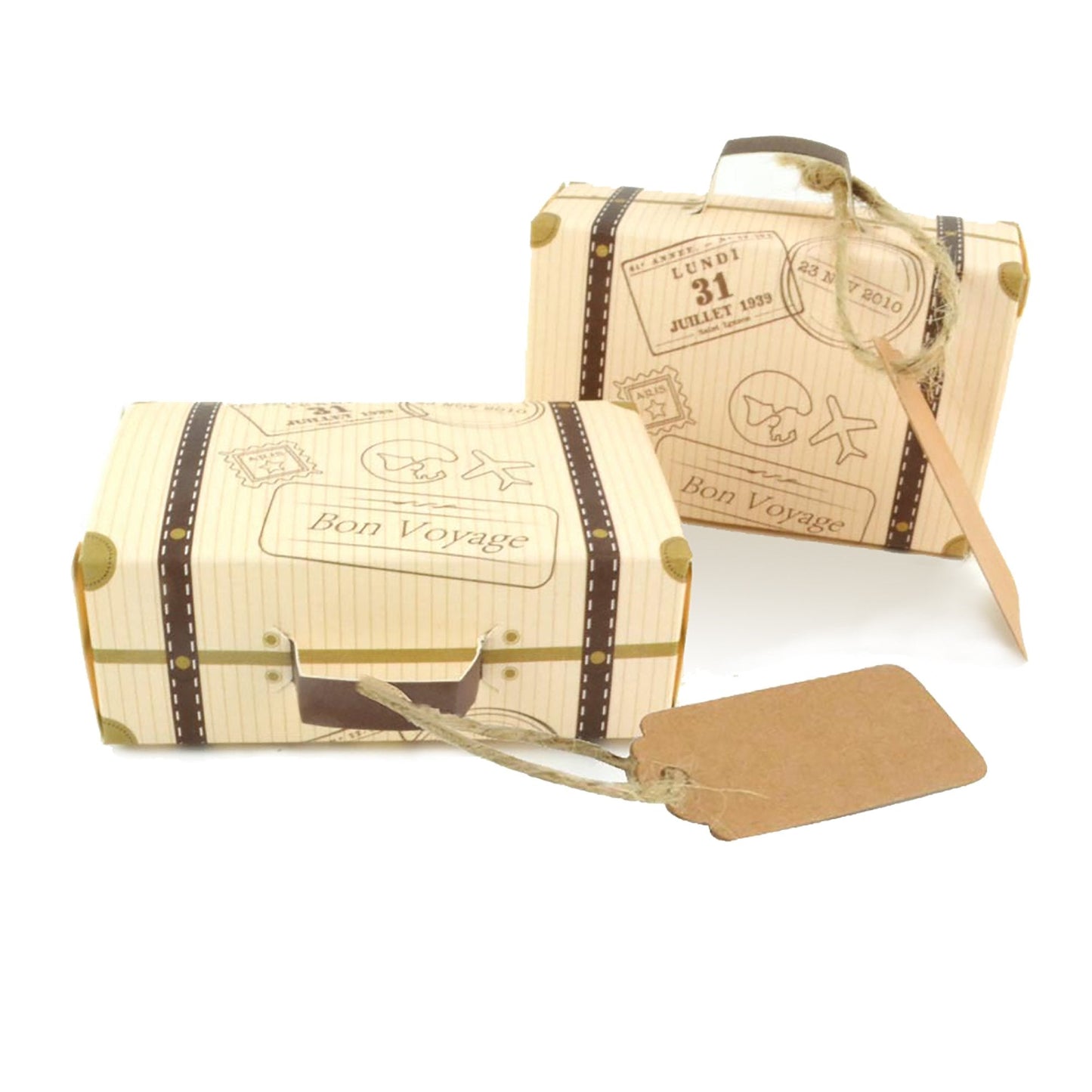 Faylapa 50pcs Suitcase Candy Boxes, Party Favor Candy Box, Vintage Kraft Paper Gift Bag for Travel Theme Party, Wedding, Birthday, Bridal Shower