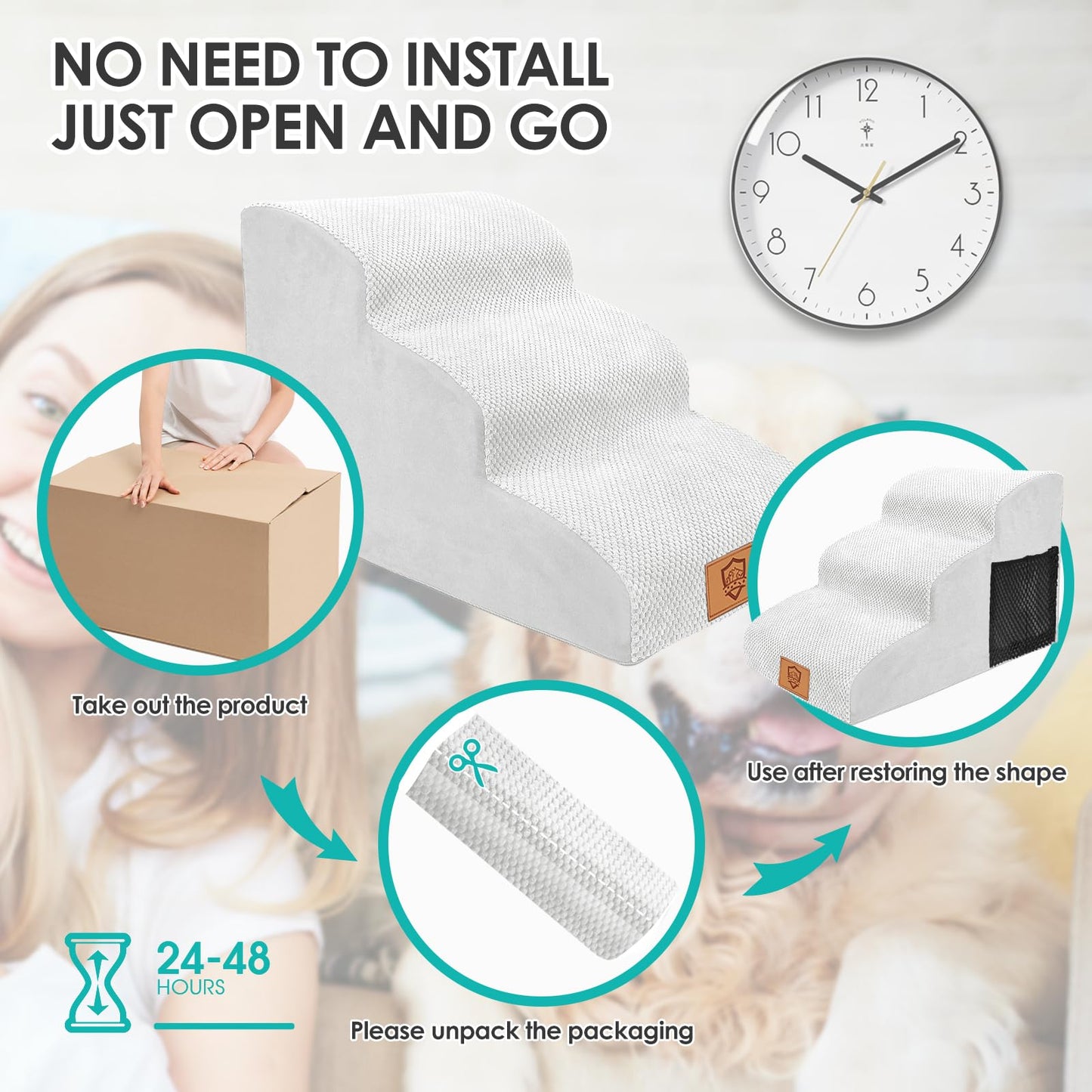 Myiosus Dog Stairs, 3-Step Non-Slip Pet Steps for Sofa and Bed, High Density Foam Dog Ramp with Removable Washable Cover for Small Dogs/Cats, 60x40x40cm, White