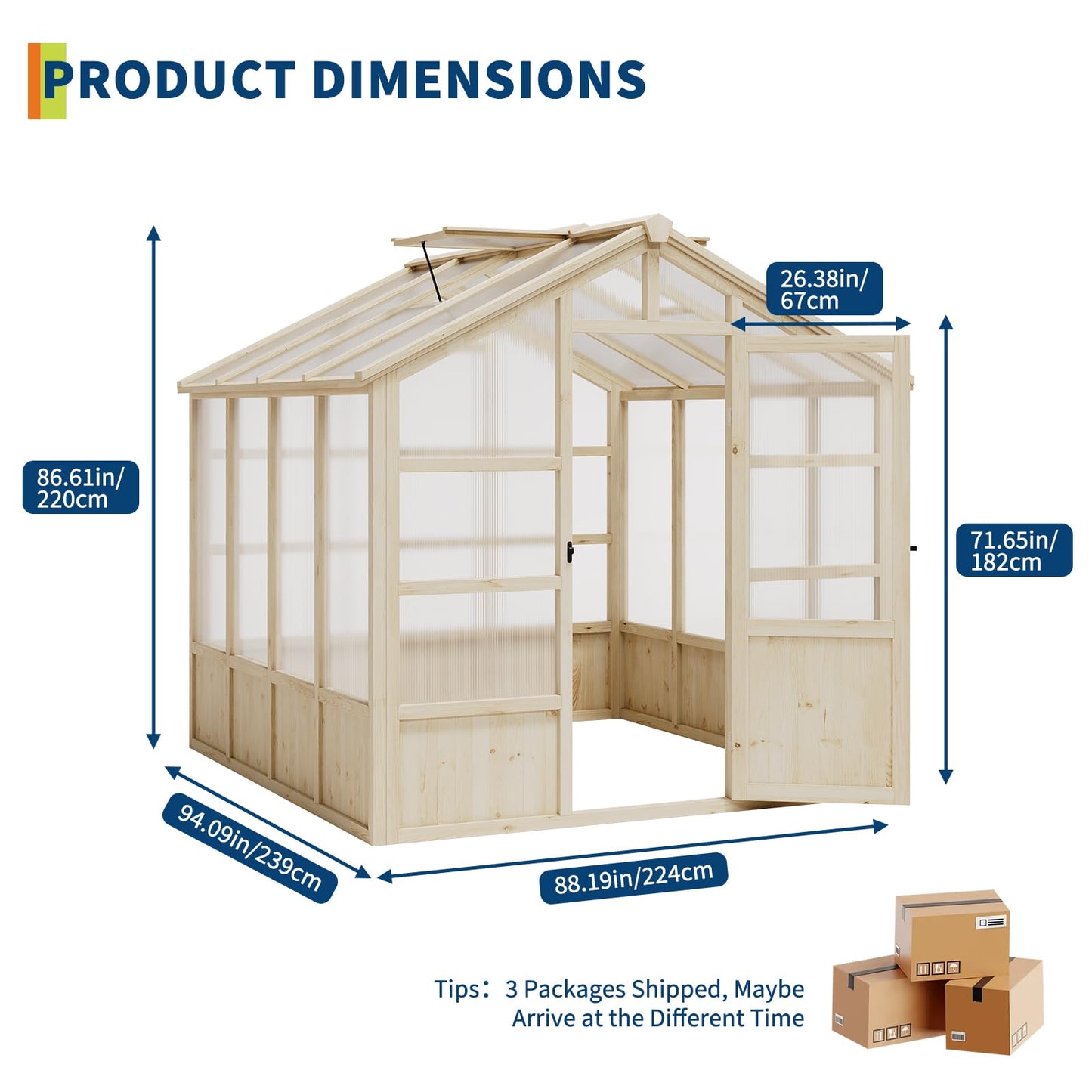 GarveeLife Wooden Greenhouse, 8x8 ft Greenhouses for Outdoors with Lockable Door, Wood Frame & Adjustable Vent, Heavy Duty Greenhouse with Polycarbonate Panel for Outside, Garden, Yard, Light Brown