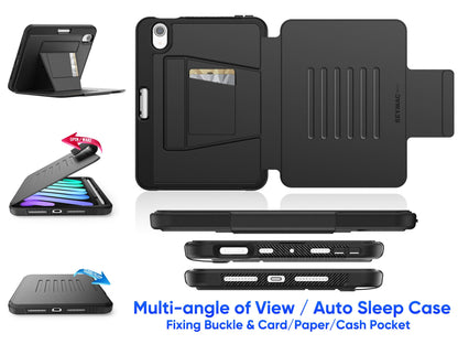 SEYMAC stock Case for iPad mini 7 (A17 Pro)/ Mini 6 8.3'', Strong Magnetic Auto Sleep Shockproof Case with Absorbing Multi-Angles Stand, Pen Holder, Card Slot, Black