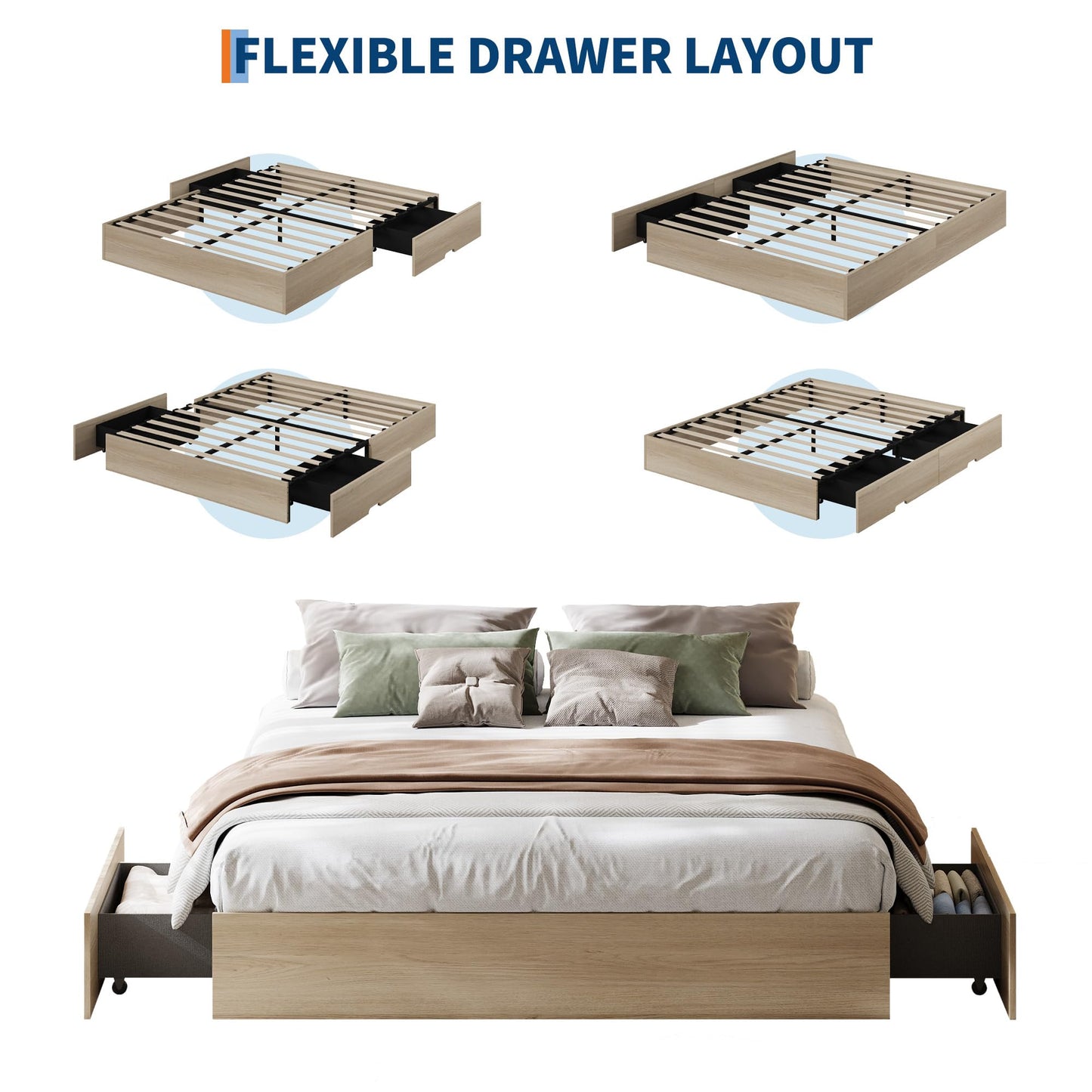 IDEALHOUSE Queen Bed Frame with 2 Storage Drawers, Wooden Bed Frame Without Headboard, Minimalist Floor Platform Bed, Wood Slat Support, Noise Free, No Box Spring Needed, Easy Assembly