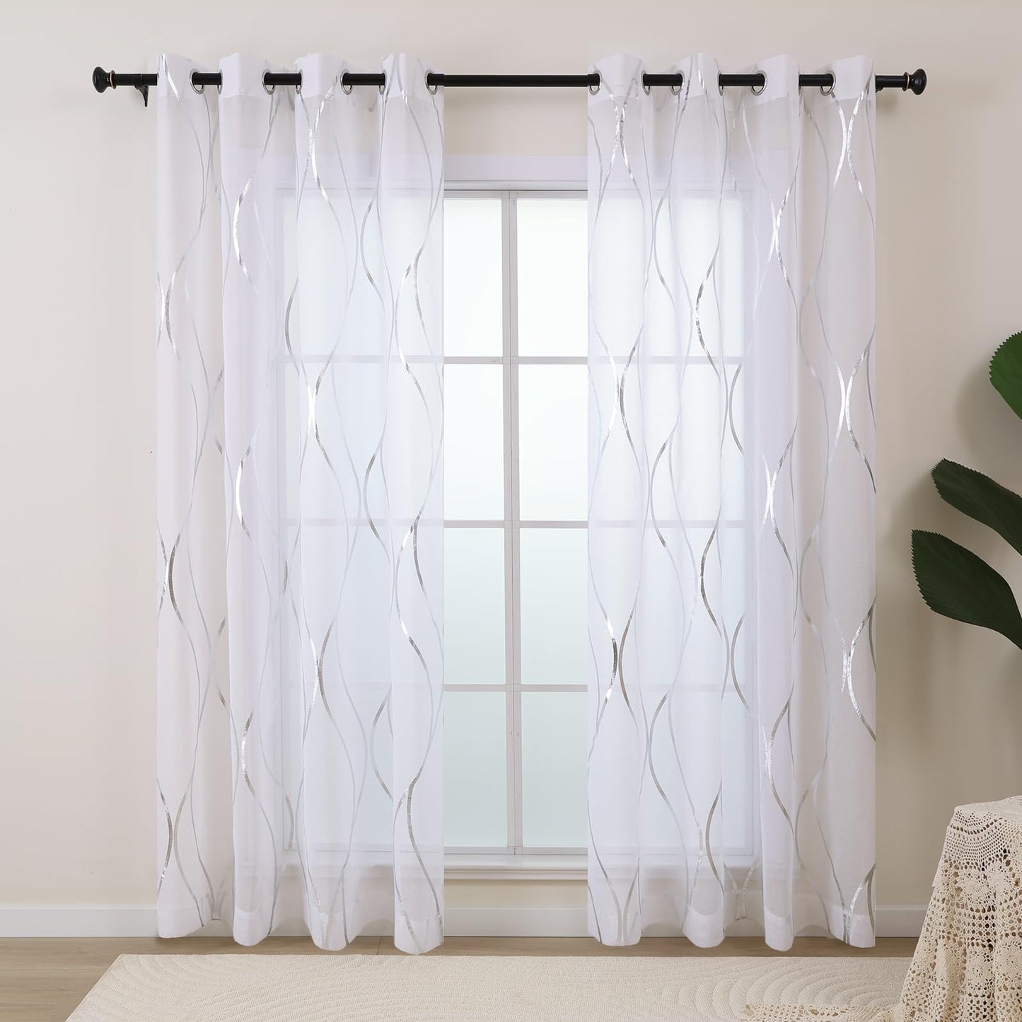 L.Z.E White and Silver Curtains for Living Room, See Through White Sheer Curtains 84 Inches Long 2 Panels Set, Grommet Transparent Window Drapes with Elegant Wave Patterns