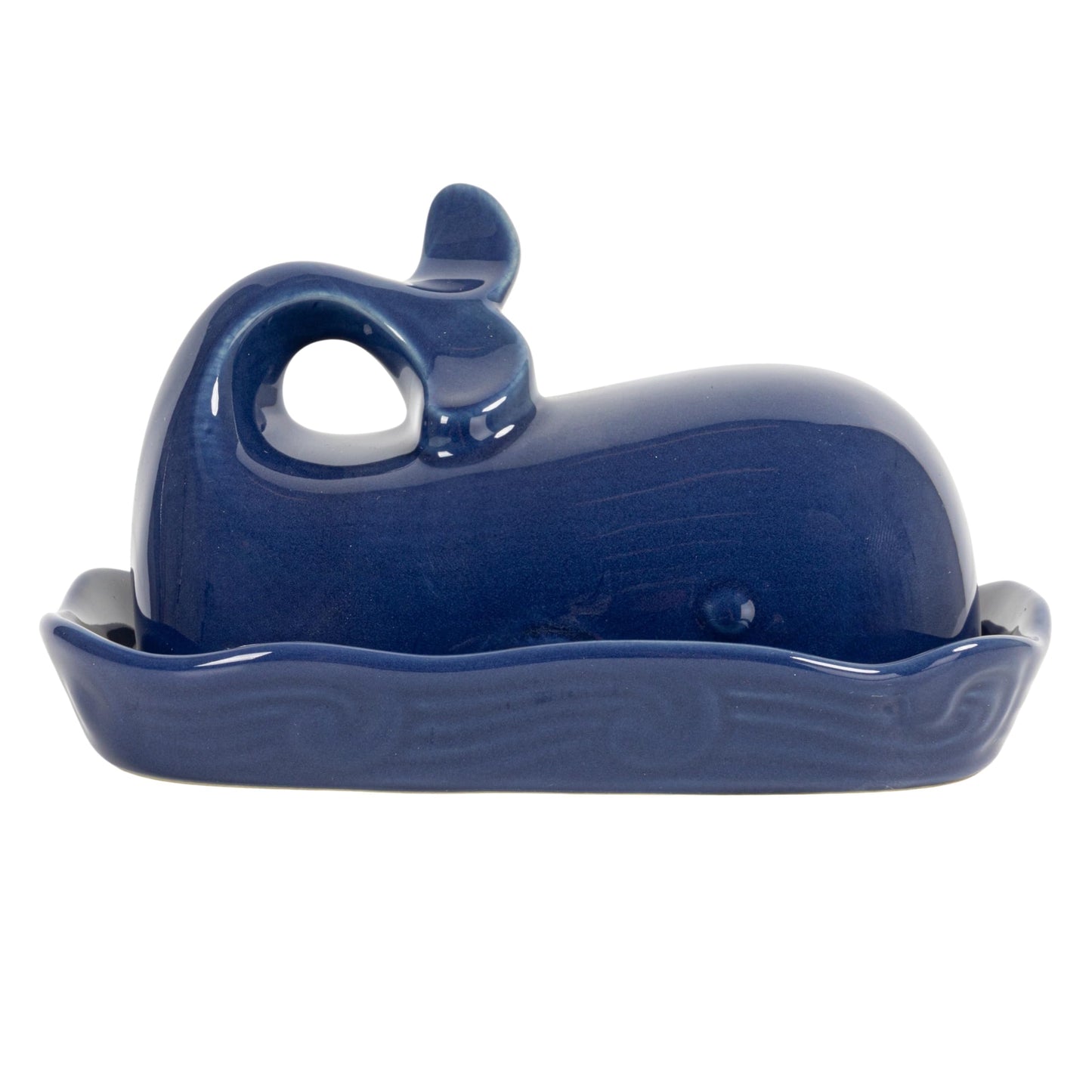 Creative Co-Op Dark Blue Whale Shaped Butter Dish with Lid
