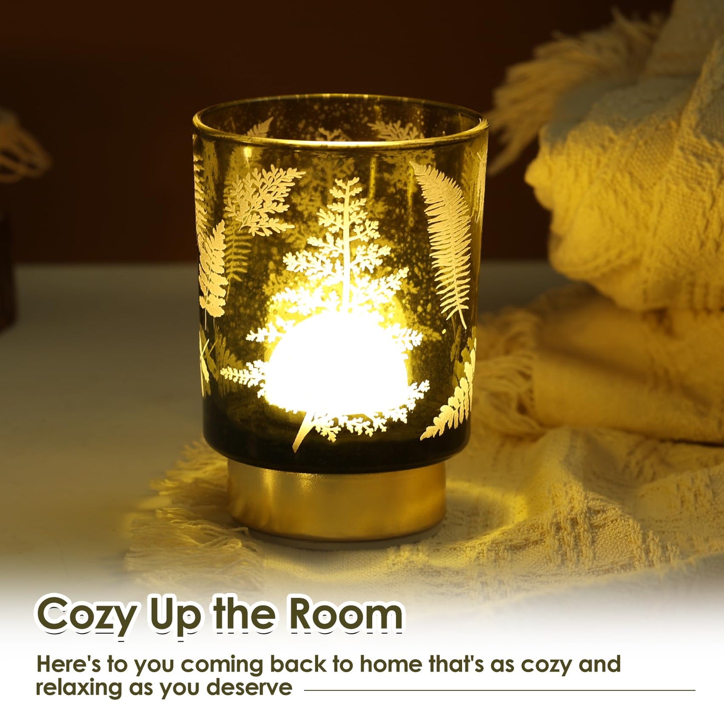 Eywamage Small Battery Operated Glass Table Lamp, Boho Green Ferns Mood Light with Remote, Cordless Bedside Accent Lamp Room Decor