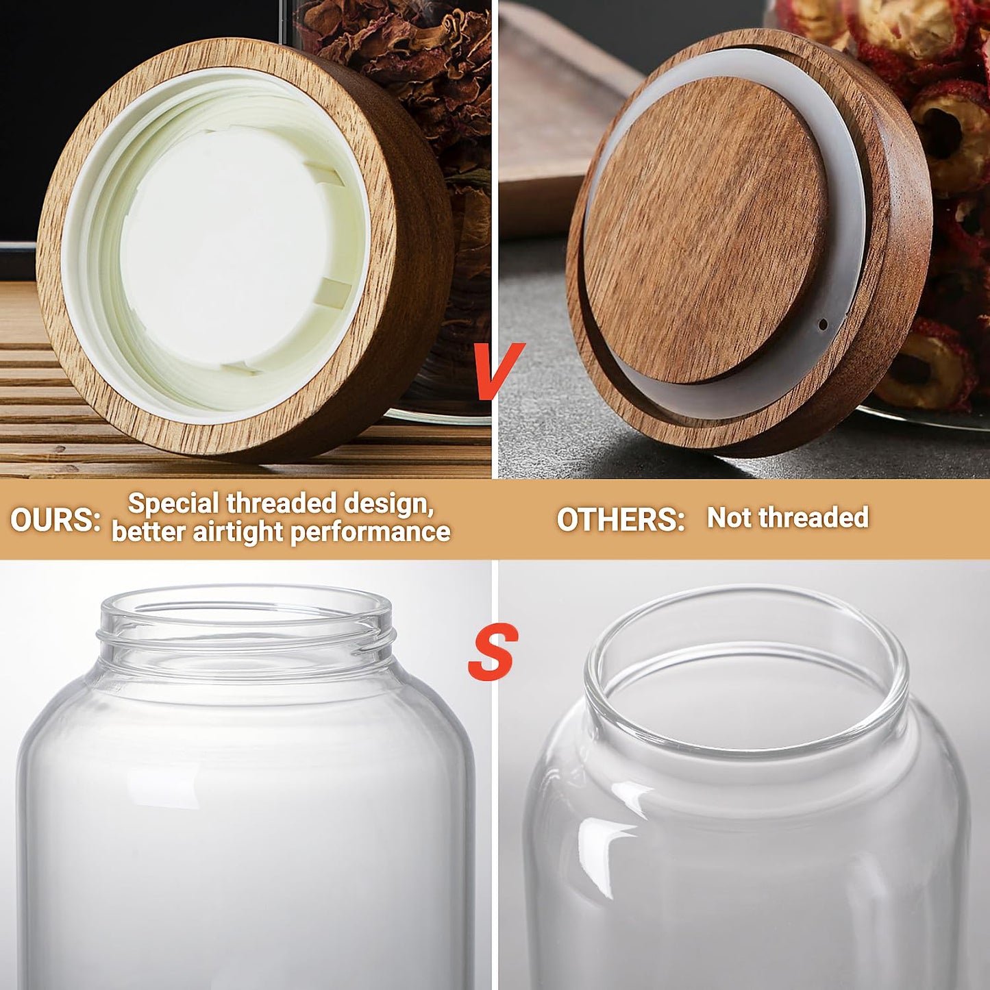 50 Fl oz/1500 ml Clear Glass Jar with Airtight Wooden Screw on Lid, Glass Pantry Canister for 500g Coffee Beans, Kitchen Food Storage Containers for Rice,Flour,Pasta,Sugar,Honey,Tea, Spice,Cereal