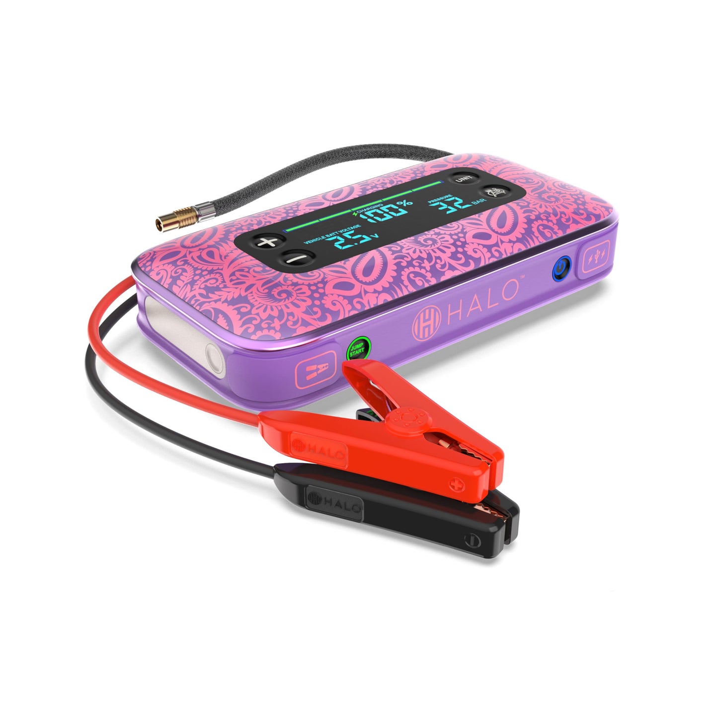 HALO Bolt Air+ 1750 Portable Car Battery Jump Starter | 130 PSI Air Compressor, 59.9Wh USB Power Bank, Large Display, Emergency Floodlight & Charger, Jumps Cars SUVs & Trucks, Inflates Tires — Purple