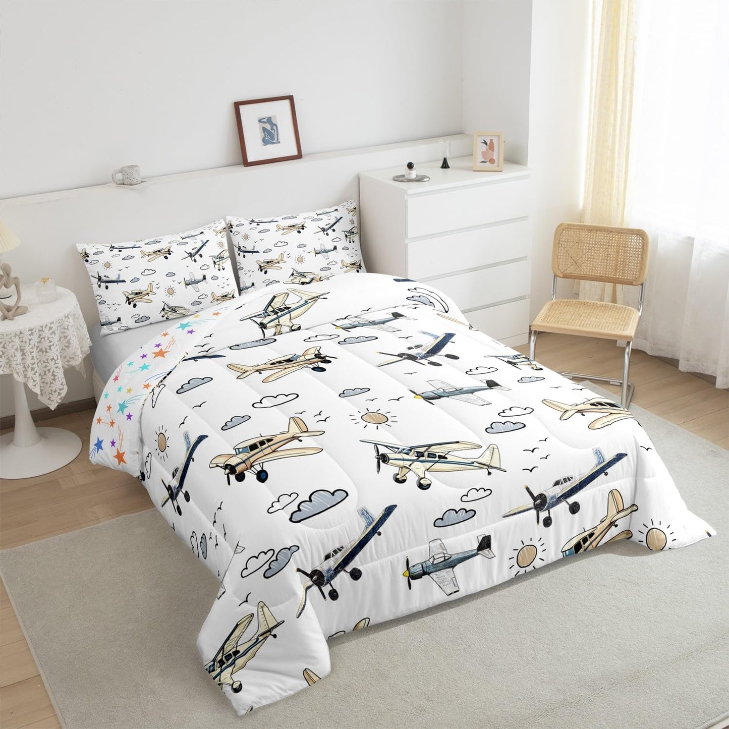 Manfei Kids Airplane Kids Comforter Full,Toddler Cartoon Plane Bedding Set for Teens Youth Children Men,Boys Teens Airplane Reversible Quilt Sets,Aviation Theme Bedding Comforter Set
