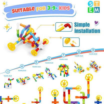 Ggiibro STEM Building Toy for Toddlers 200Pieces Tube Pipe Toy,Educational Preschool Game for 3+ Years,Learning Building Blocks Play with Storage Box Gift Kit,Montessori Toys for Boys & Girls