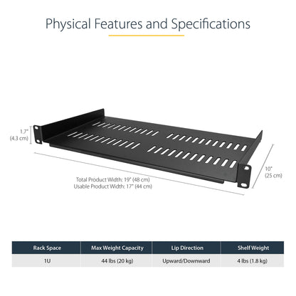 StarTech.com 1U Server Rack Shelf - Universal Vented Rack Mount Cantilever Tray for 19" Network Equipment Rack & Cabinet - Heavy Duty Steel - Weight Capacity 50lb/23kg - 10" Deep, Black (CABSHELFV1U)