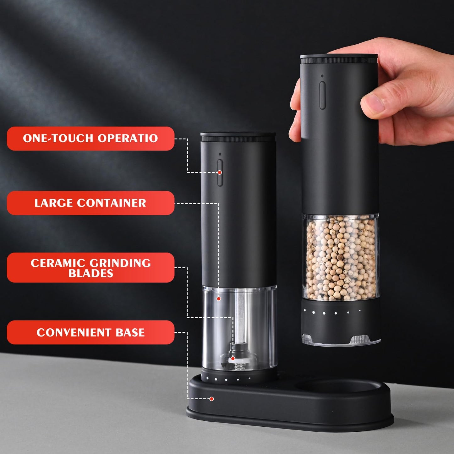 Electric Salt and Pepper Grinder Set - Rechargeable Automatic Salt and Pepper Shakers, External Adjustable Coarseness, LED Light, USB Rechargeable,Home Gifts, Black (Set of 2)
