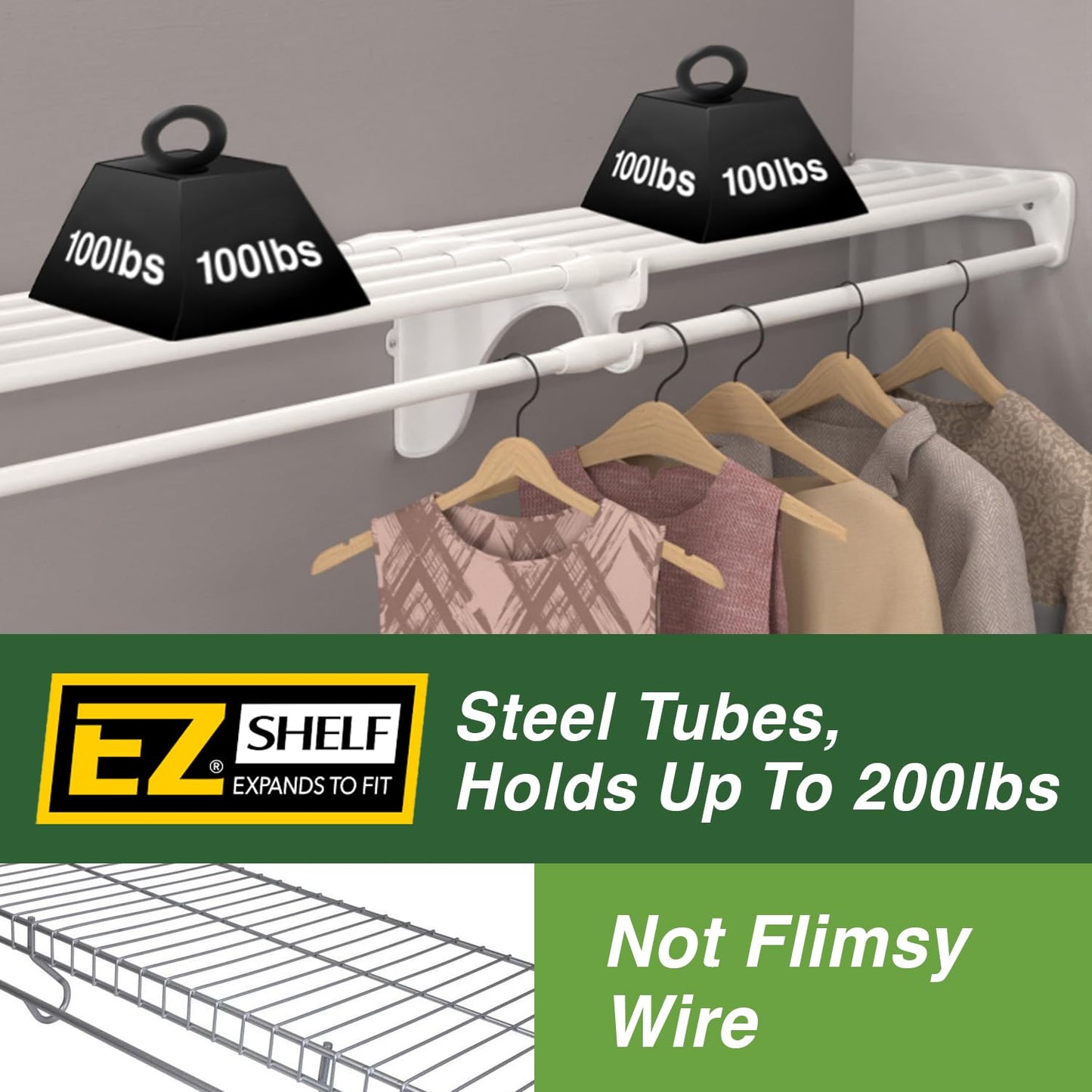 EZ Shelf Expandable Laundry Room Shelves Over Washer and Dryer - 2 Shelves (Expands 63.3 to 120") - 1 With Hanging Rod - White - Laundry Room Organization