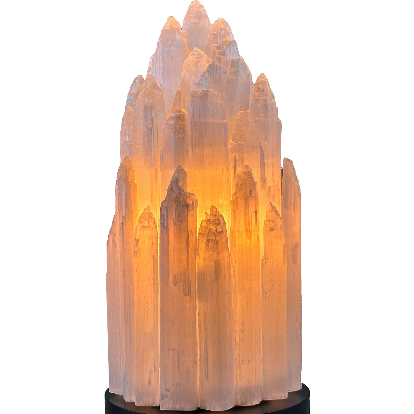 Handcrafted Selenite Lamp Carved Tower, White