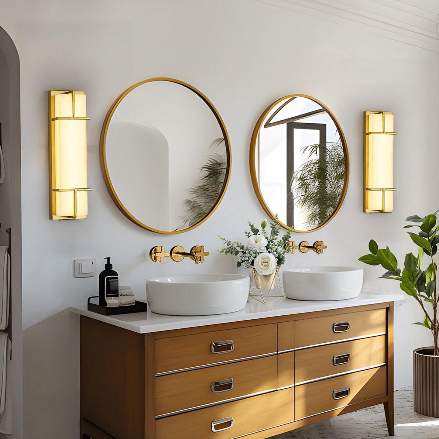 Fanyank 15.7inch Alabaster Wall Sconces Set of Two, 3 CCT Dimmable Square Natural Marble Lampshade Wall Sconce, Modern Hardwired LED Alabaster Indoor Wall Lamps Dining Room Stairs Bedroom Gold
