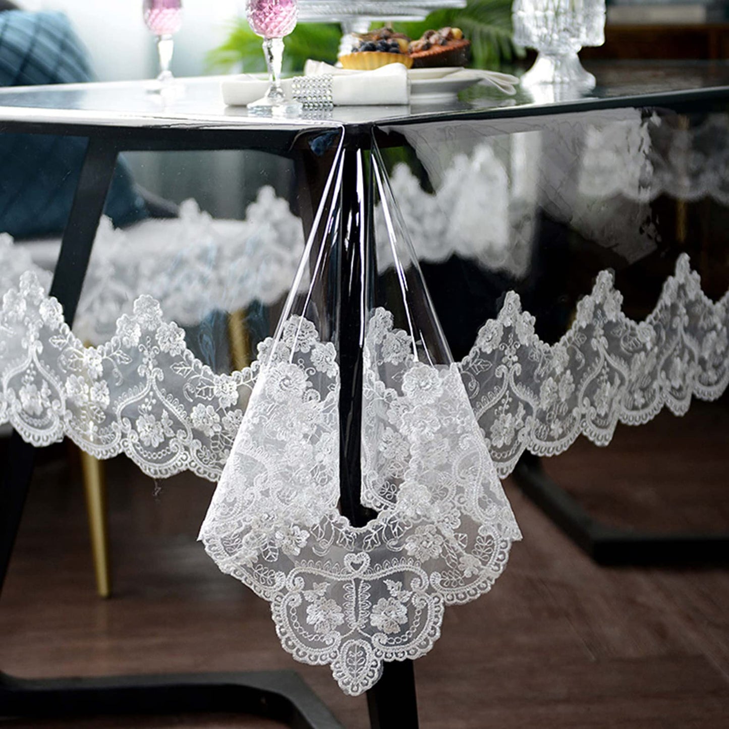Clear Plastic Waterproof Tablecloth, Vinyl PVC Rectangle Table Cloth with Lace Macrame, Oil Spill Proof, Table Cover for Dining Tables, Parties and Holidays (White, 60 x 120 Inch)