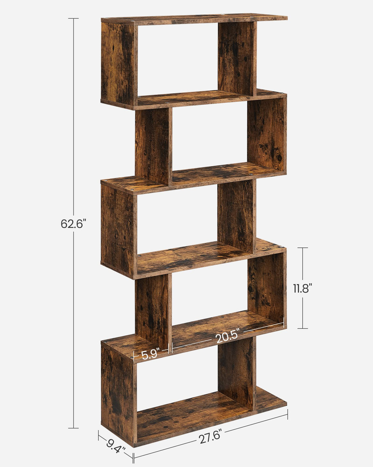 VASAGLE Custos Collection - Bookshelf, 5-Tier Bookcase, Tall Display Shelf, Freestanding Storage Shelf, Room Divider, for Home Office, Living Room, Bedroom, Study, Rustic Brown ULBC62BXS