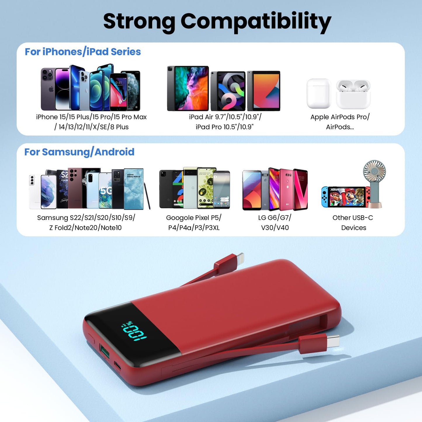 Portable Charger for iPhone with Built in Cables and Wall Plug,Upgraded 13800mAh Fast Charging USB C Power Bank,4 Outputs Travel Essential Battery Pack Compatible with iPhone 15/14/13,Samsung-Purple