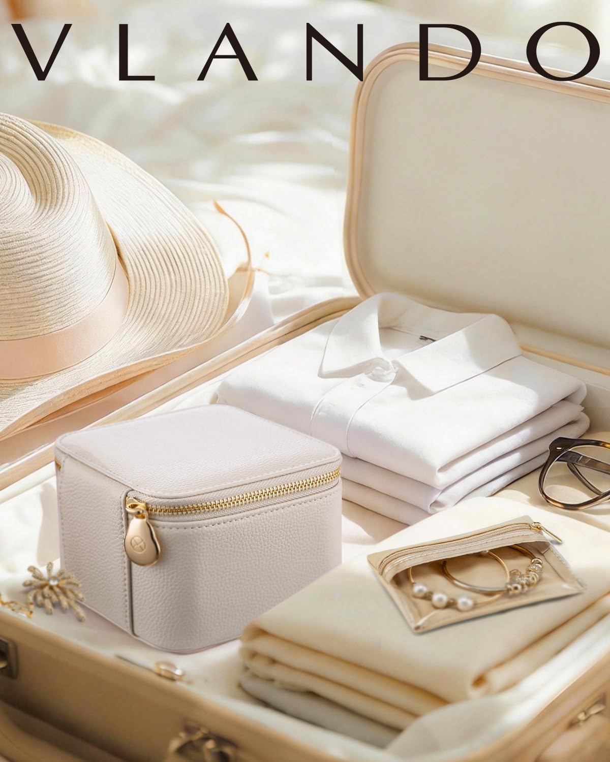 Vlando Travel Jewelry Case,Valentines Gifts,Small Jewelry Box Organizer,Travel Jewelry Storage with 6 Velvet Jewelry Zipper Pockets, Birthday Gifts for Women Girls (White)