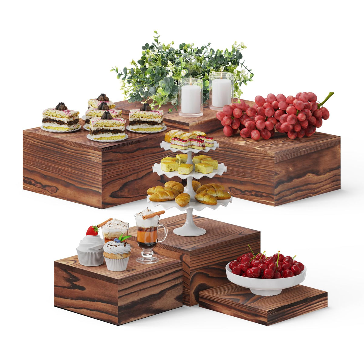 MUNNAR 6 PCS Wooden Buffet Risers, Wood Display Risers for Food, Wooden Square Risers Display Stands, Food Risers for Buffet Table (10", 9" , 8", 7", 6", 5") with 67" Faux Greenery Vine