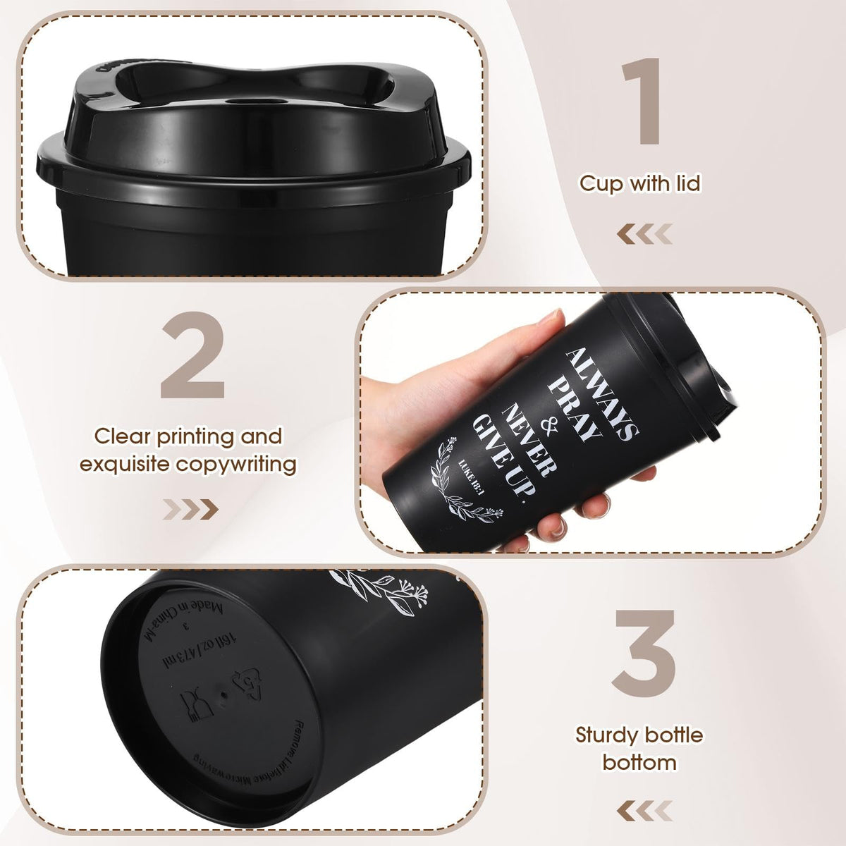 LemonRoad 40 Sets Christian Gifts Bulk 16oz Reusable Bible Verse Coffee Cups with Lids Cards and Gift Bags Inspirational Religious Gifts for Church Party (Black)