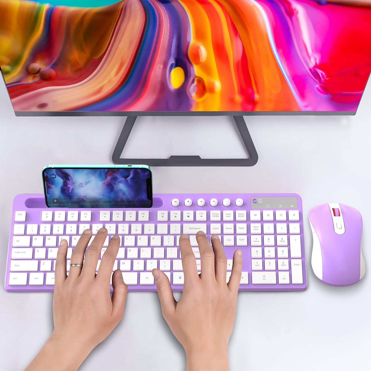 Wireless Keyboard and Mouse Combo, MARVO 2.4G Ergonomic Wireless Computer Keyboard with Phone Tablet Holder, Silent Mouse with 6 Button, Compatible with MacBook, Windows (Black)