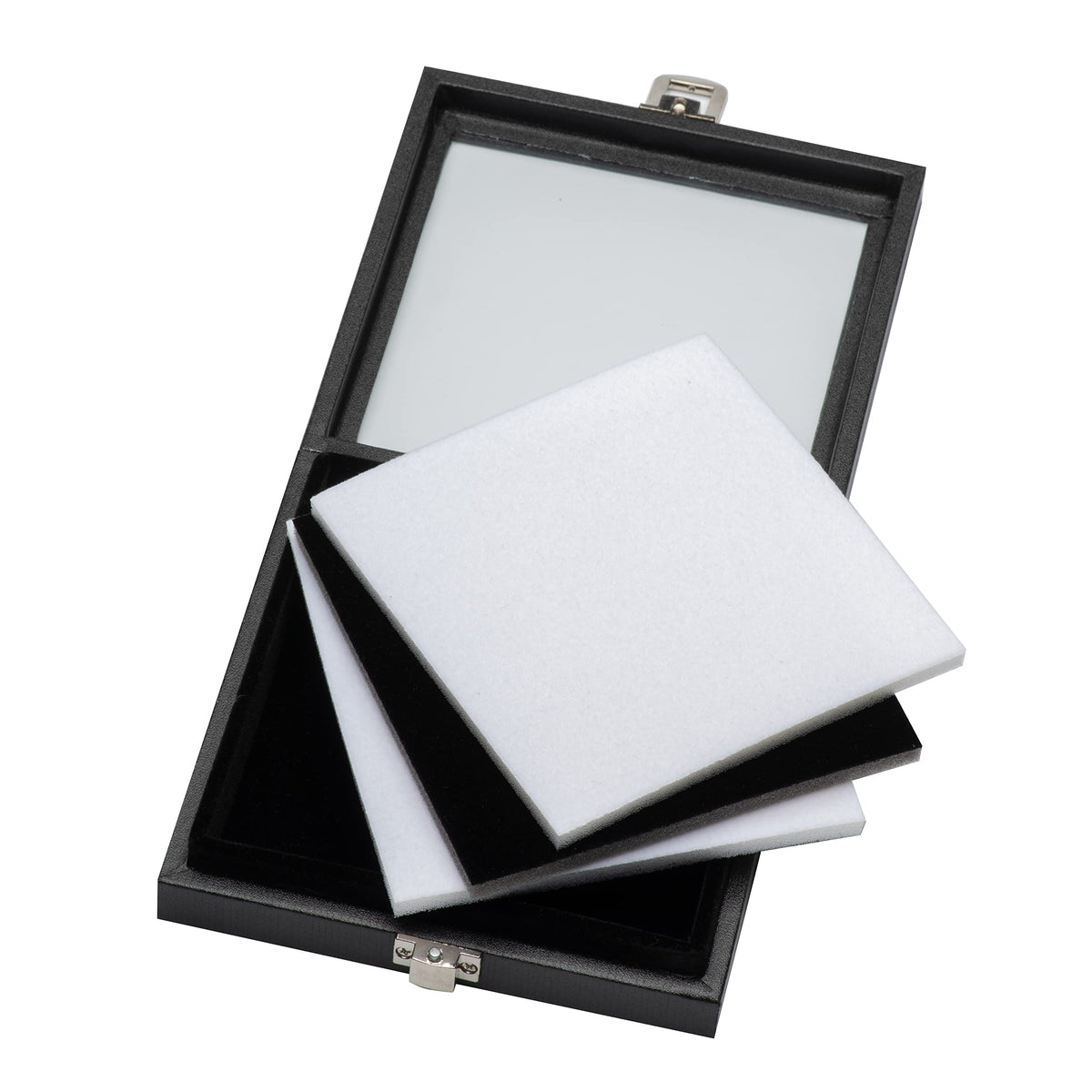 Giftop Jewelry Display Case Tempered Glass Top Lid Black Leatherette,Gemstone Display Case Jewelry Storage Box with Metal Clasp (Medium)
