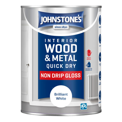 Johnstone's - Wood & Metal Paint - Gloss Finish - Brilliant White - 1.25l - Water Based - Non Drip & Quick Drying - Radiator Paint - Low Odour - Dry in 1-2 Hours - 8m2 Coverage per Litre