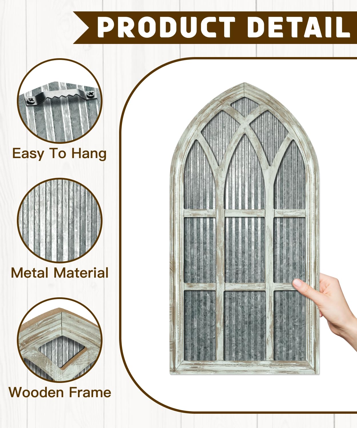 Putuo Decor Weathered White Gothic Arch Window Wall Decor, Rustic Cathedral Frame for Farmhouse Living Room Hallway