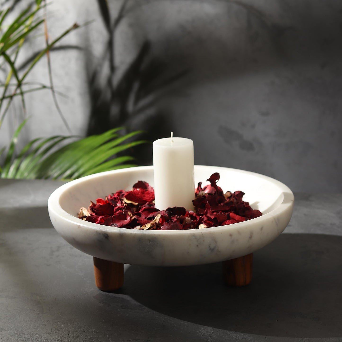 LAVAUK Marble Fruit bowl with three wood legs | 11.8 inch dia footed bowl for kitchen counter | Use as centerpiece for dining table, key bowl for entryway table, or potpurri/decorations (Large)