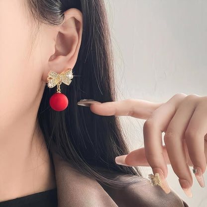 ecozran Sparkling Red Bow Earrings for Women Teardrop Jewelry Gifts Rhinestone Chain Tassel Earring Christmas Gifts（Red-Q）