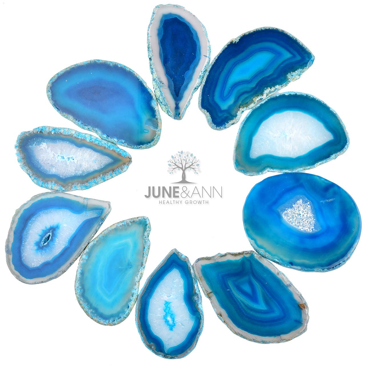 June&Ann Blue Agate Light Table Slices, 10 Pcs Irregular Polished Agate Slab Cards Healing Crystals Geode Stones for Home Decoration & Jewelry Making