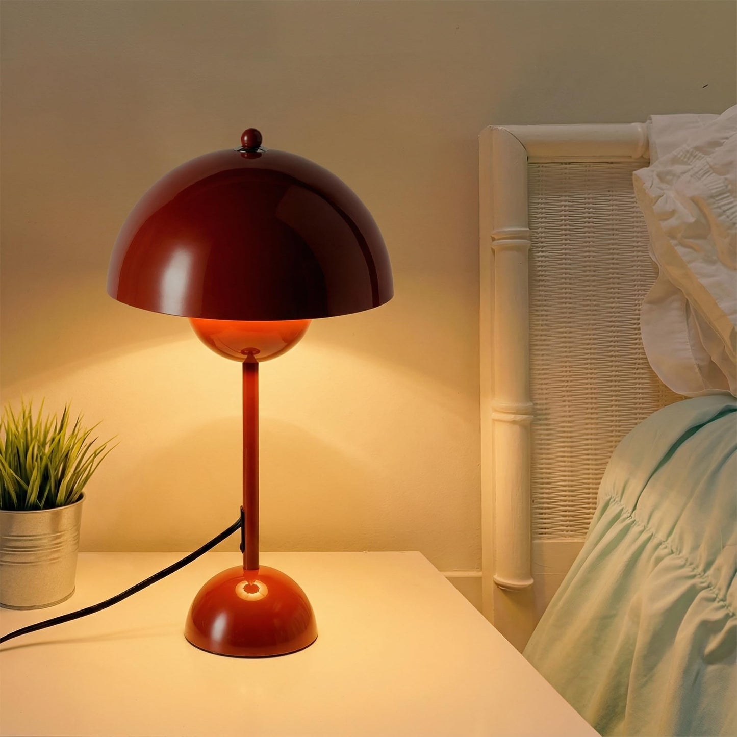 COSYLUX Modern Small Table Lamp for Bedroom, Cute Dome Shade Reflecting Light Reading Lamp for Living Room, Kid's Room, Study, Office, Beside Bedside Nightstand Desk Lamp(Coral Red/Burgundy)