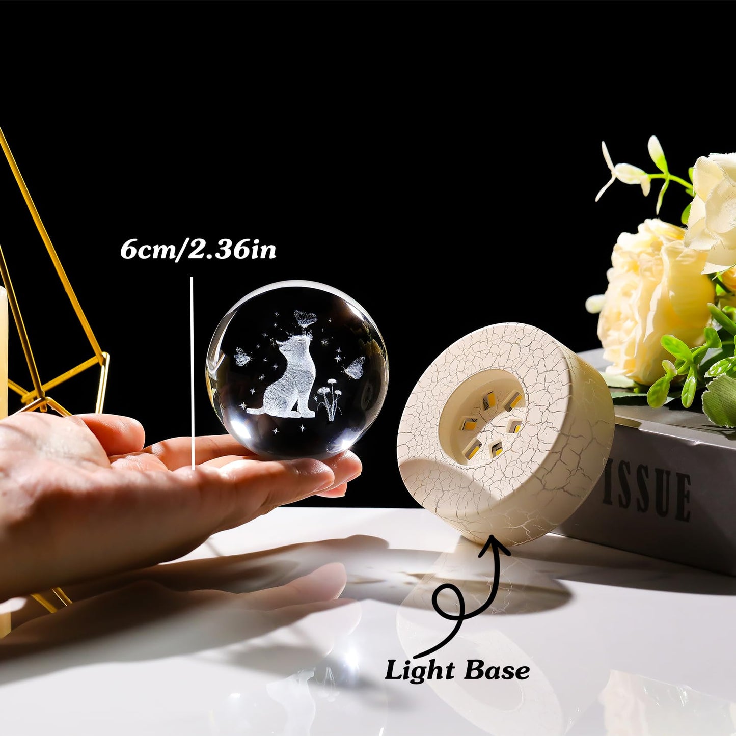2.36in. Miniatured Cat with Butterflies Birthday Christmas for Women Girlfriend, 3D Glass Engraved Cute Cat K9 Crystal Ball with Light Base for Home Office Decoration