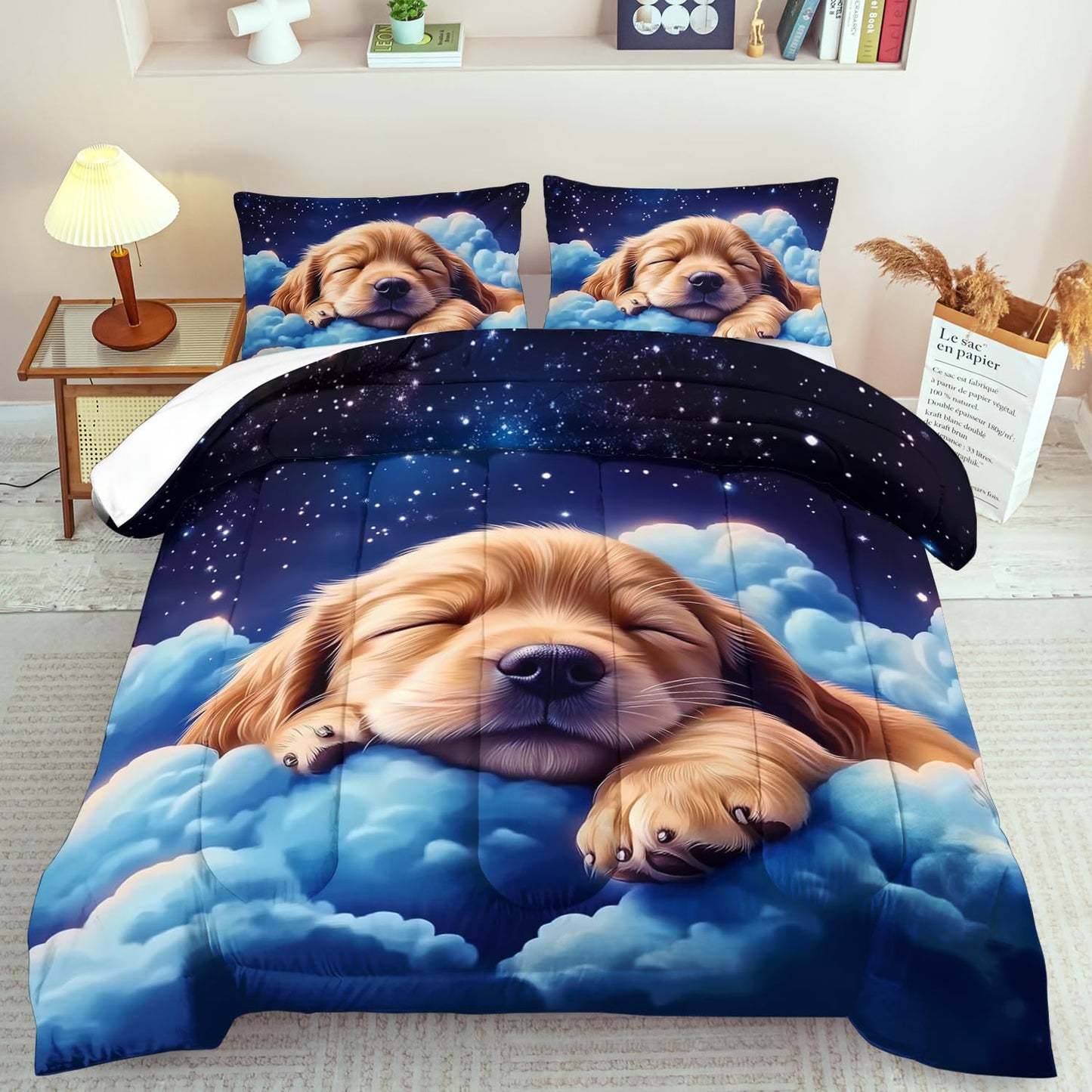 llyxsesty Blue Cute Dog Comforter Set King for Kids Blue Animal Bedding Set Boys Kawaii Dog Kids Comforter King Quilt Animal Bedroom Decor Starry Sky Bedding Bedroom Decor