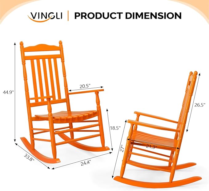 VINGLI Wooden Rocking Chair, Outdoor Chair with 450 lbs Support, Relaxing Rocker with Solid Wood High Back Seat Reclining Seat for Deck, Garden, Backyard, Porch, Indoor or Outdoor Use (Orange, 1PC)