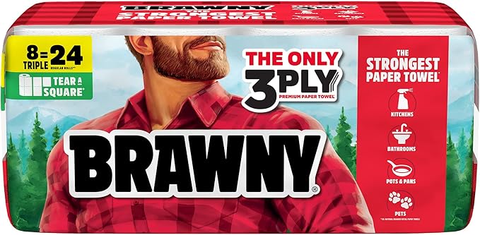 Brawny Tear-A-Square 3-Ply Paper Towels, 8 Triple Rolls = 24 Regular Rolls