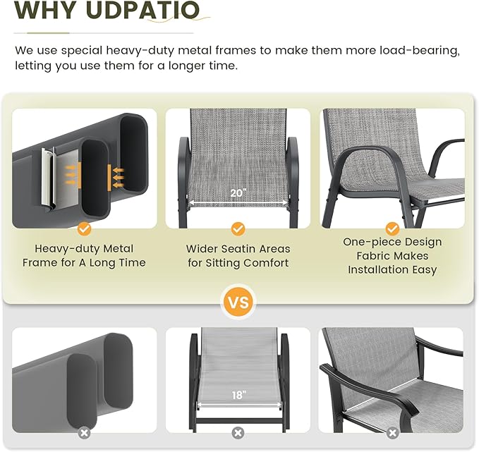UDPATIO Patio Chairs Set of 6, Stackable Outdoor Dining Chairs for All Weather, Outdoor Furniture with Breathable Textilene Fabric, 350LBS Capacity, for Garden, Backyard, Deck (Light Grey)