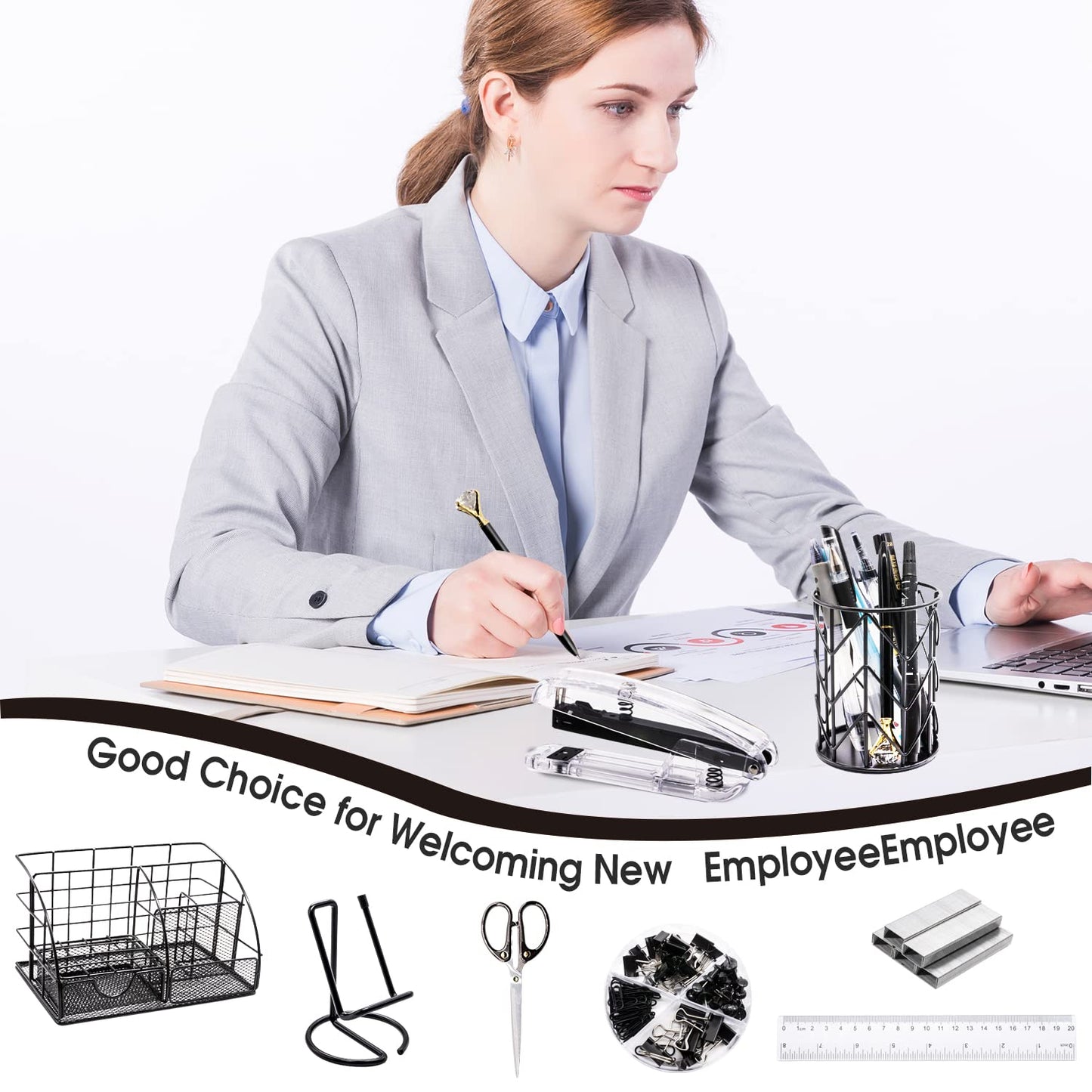 KAAKOW Black Desk Organizers and Accessories Office Supplies Set Stapler, Pen Holder, Phone Holder, Scissors, Pen, Ruler, 30 Paper Clips, 22 Binder Clip, 20 Tacks and 1000pcs Staples
