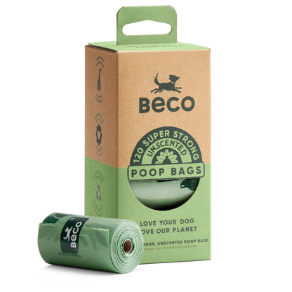 Beco Dog Poop Bags Rolls - Strong & Large - 120 Bags (8 Rolls of 15) Unscented, Dispenser Compatible for Dog Waste