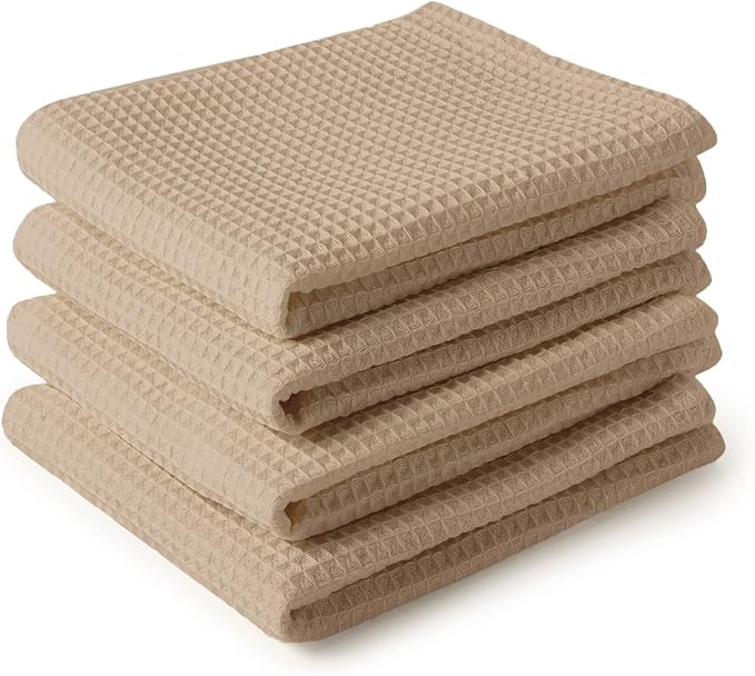 Encasa XO Kitchen Dish Towels Set | Beige | Waffle Weave and Flat Hand Tea