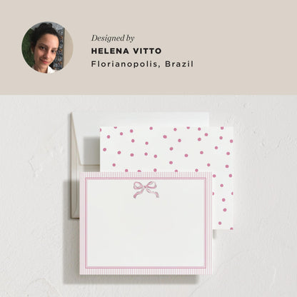 Minted Pink Bow Stationery Set, Set of 10, Flat Note Cards & Envelopes for Invitiations and Handwritten Thank You Messages, Pink Ribbon with Striped Back, Gifts for Women, Luxurious Paper